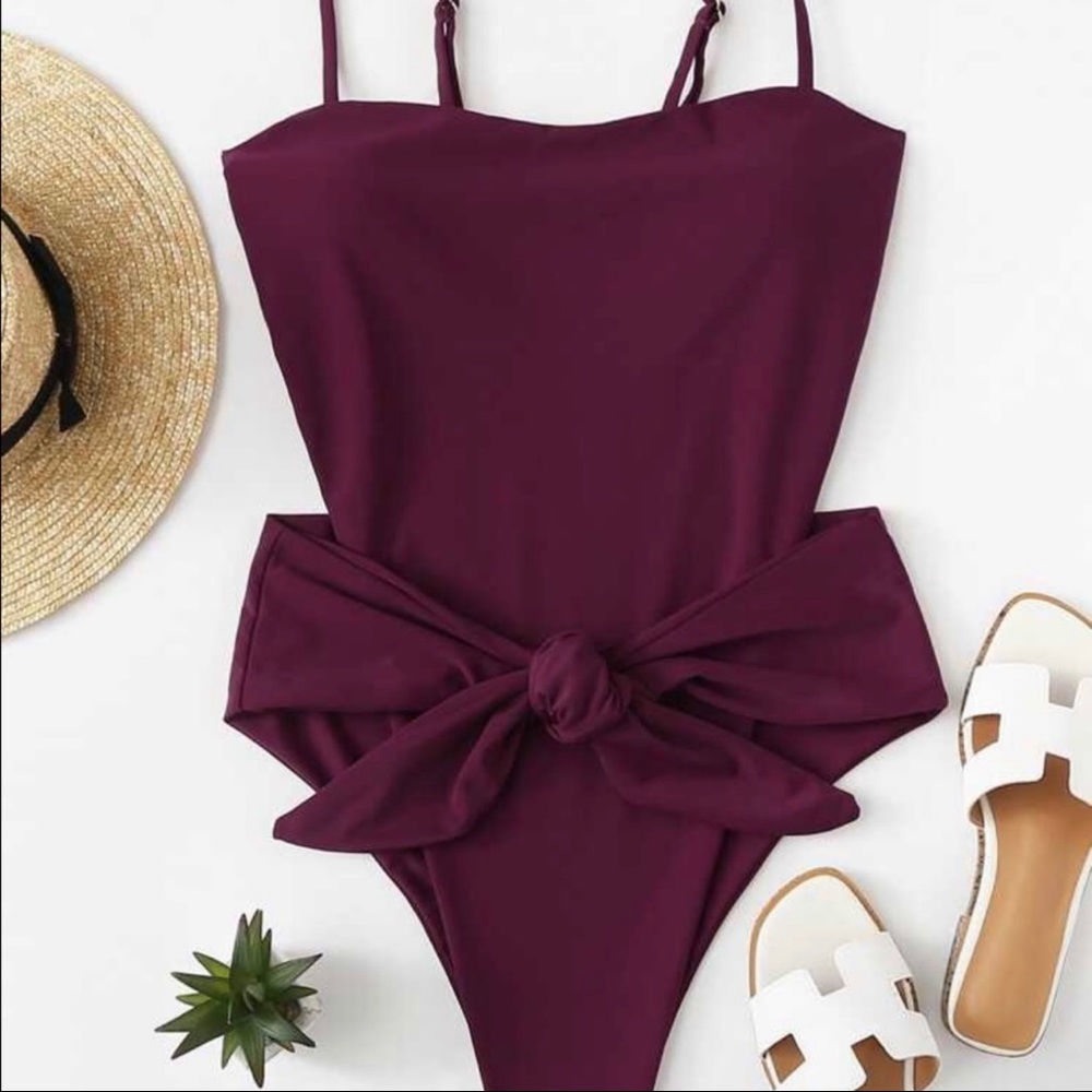 Plum Backless Bow Tie One Piece Swimsuit